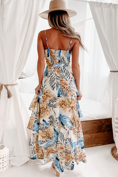 Havana Vibes Tropical Print Tiered Ruffle Maxi Dress (Orange) - NanaMacs