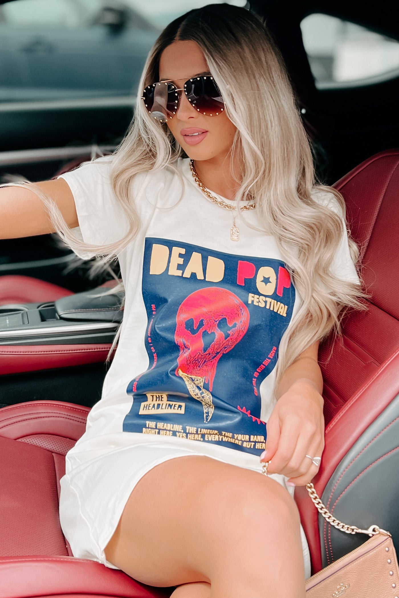 "Dead Pop Festival" Skull Poster Graphic T-Shirt Dress (Cream) - Print On Demand - NanaMacs