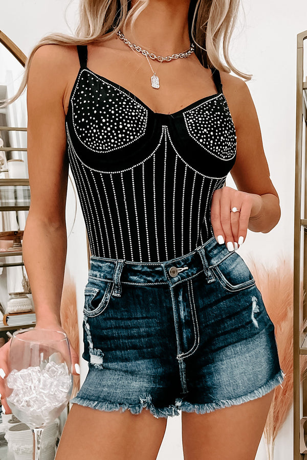 Me Against The Music Rhinestone Tank Bodysuit (Black) - NanaMacs