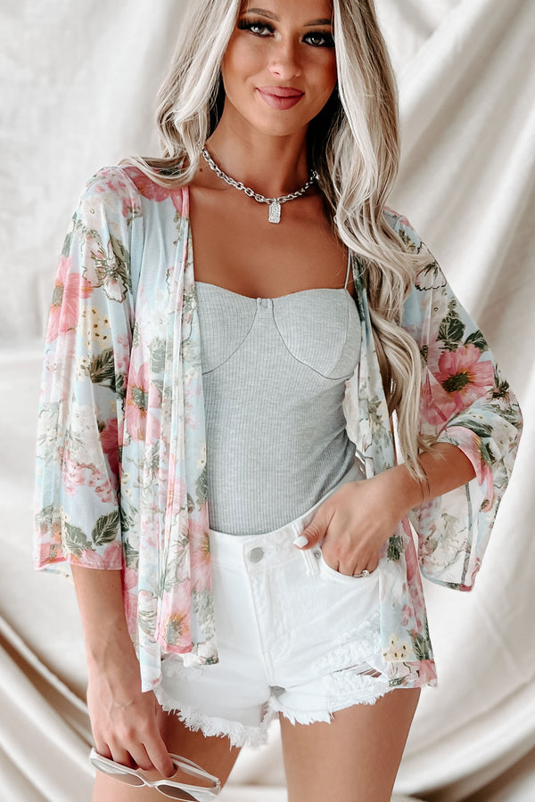 Delicately Delivered Floral Mesh Kimono (Blue Print) - NanaMacs