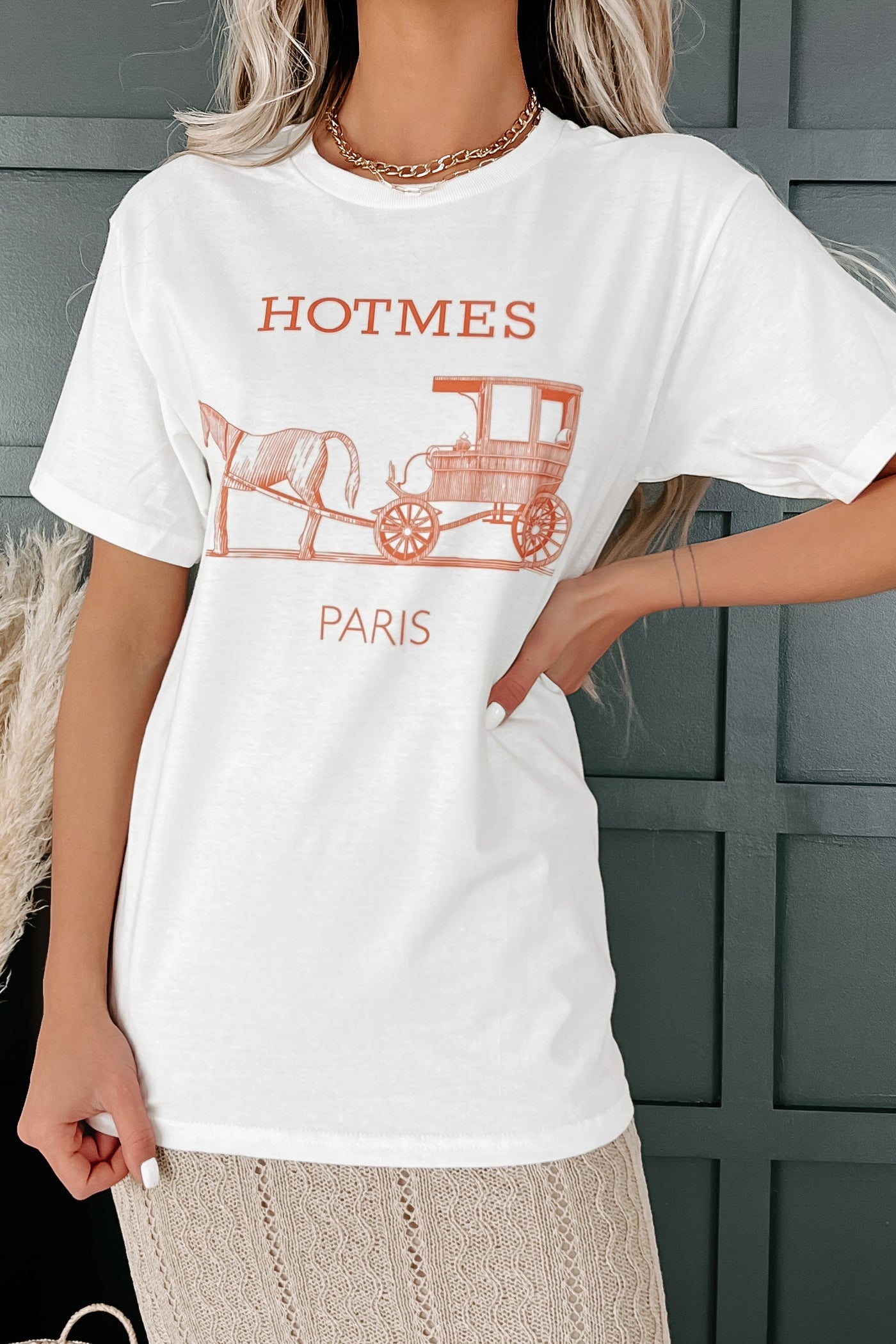 "HOTMES" Parody Graphic T-Shirt (White/Orange) - Print On Demand - NanaMacs