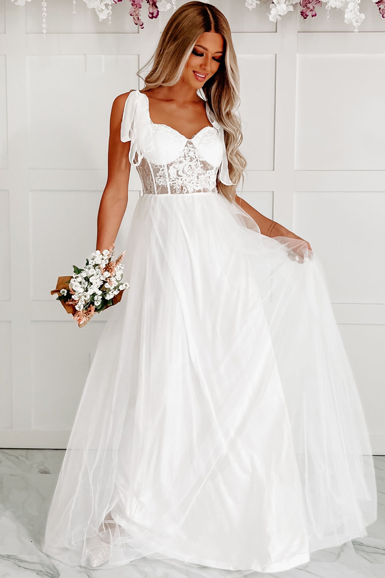 Toss The Bouquet Sequin Lace Tulle Maxi Dress (Ivory) - NanaMacs