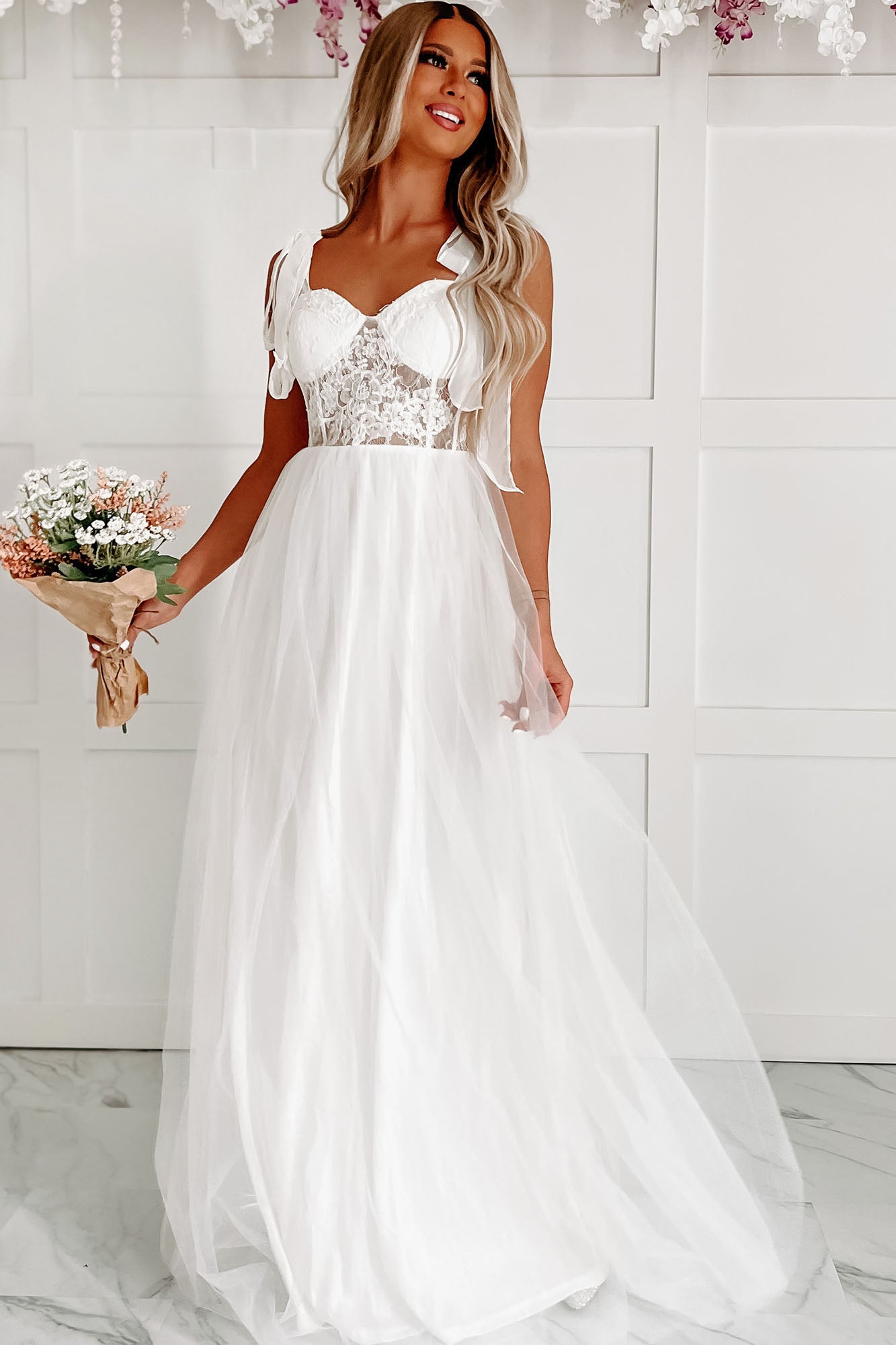 Toss The Bouquet Sequin Lace Tulle Maxi Dress (Ivory) - NanaMacs