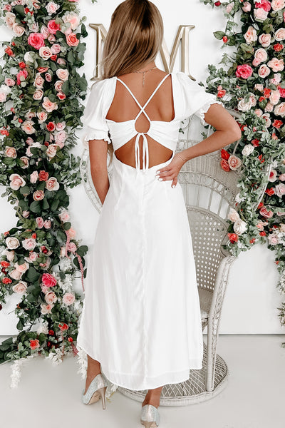 Feel My Heartbeat Puff Sleeve Open Back Midi Dress (White) - NanaMacs