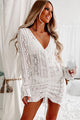 Tropical Waters Ruched-Front Long Sleeve Crochet Dress (White) - NanaMacs