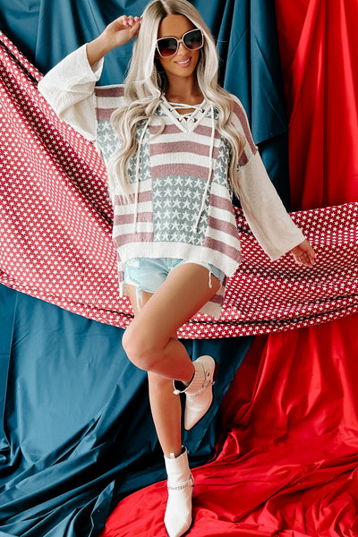 Flying My Flag Oversized Knit Flag Print Hoodie (Cream Multi) - NanaMacs