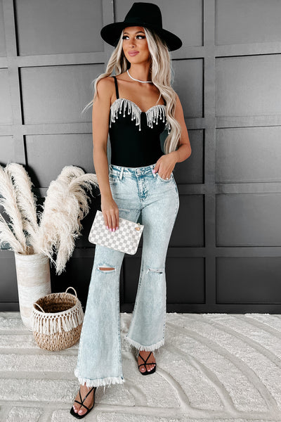 Diamond Darling Rhinestone Fringe Padded Bodysuit (Black) - NanaMacs