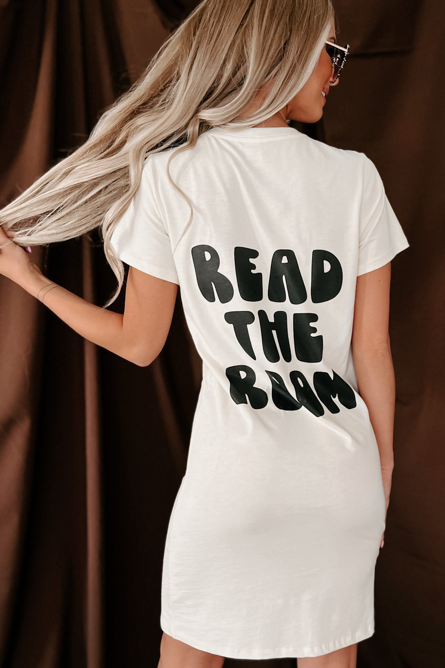 "Read The Room" Double-Sided Graphic T-Shirt Dress (Cream) - Print On Demand - NanaMacs