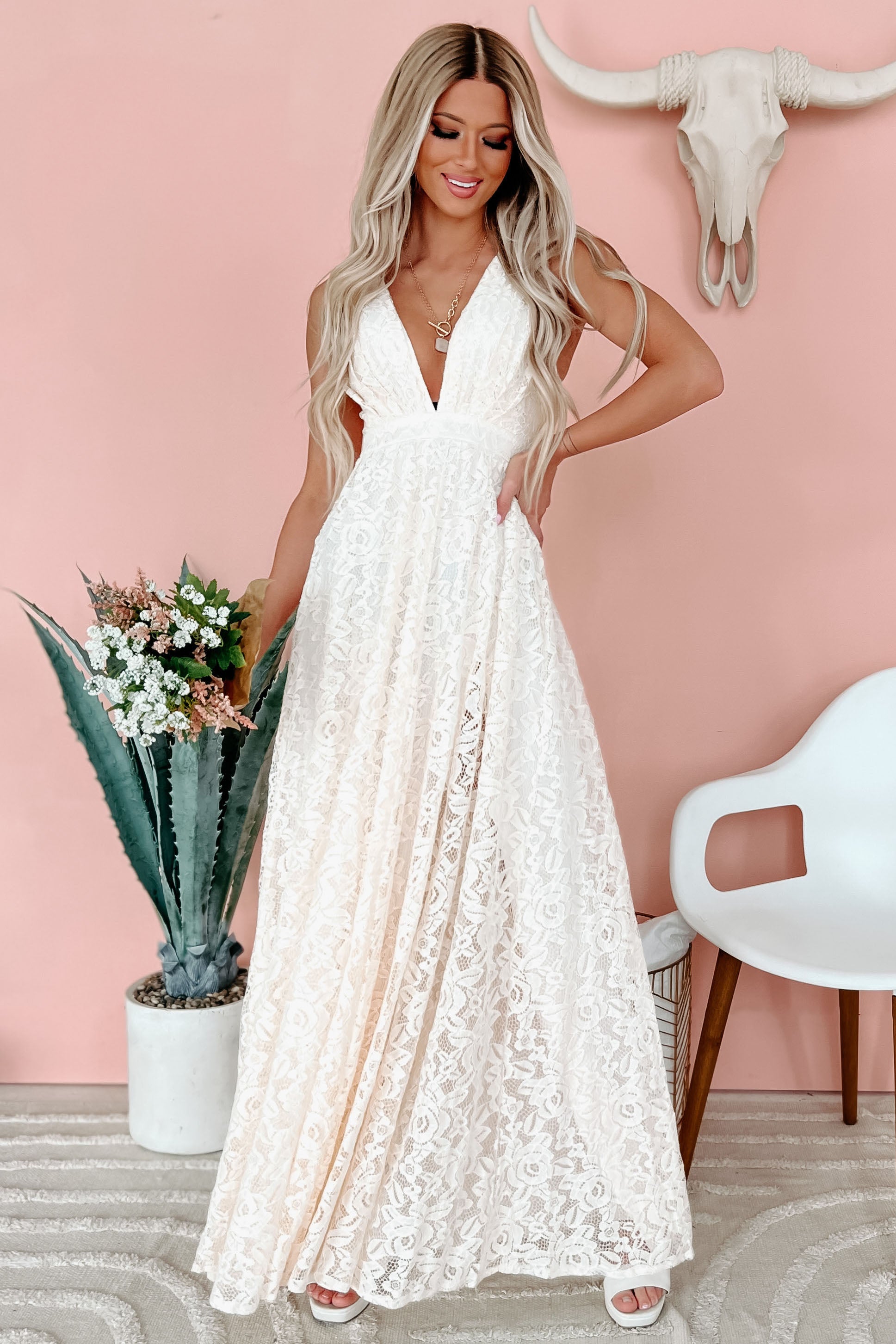"Lovely In Lace" Floral Lace Maxi Dress (Cream) - NanaMacs