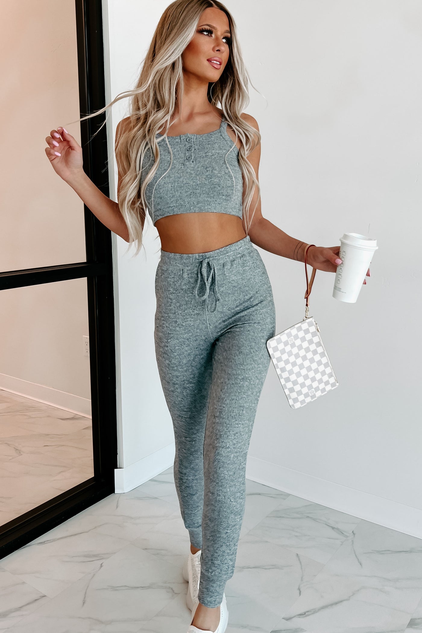 Movie Marathon Brushed Knit Crop Tank & Joggers Set (Two-Tone Grey) - NanaMacs