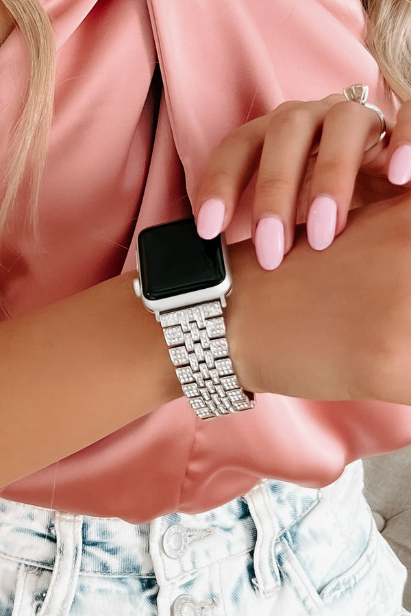 High Roller Rhinestone Embellished Metal Apple Watch Band (Silver) - NanaMacs