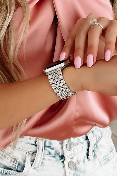 High Roller Rhinestone Embellished Metal Apple Watch Band (Silver) - NanaMacs