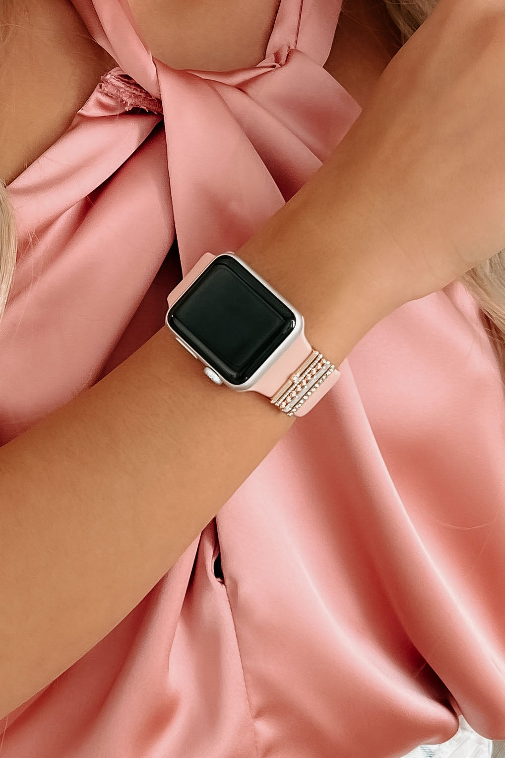 Time To Spare Silicone Apple Watch Band With Stackable Metal Accents (Blush/Tricolor) - NanaMacs