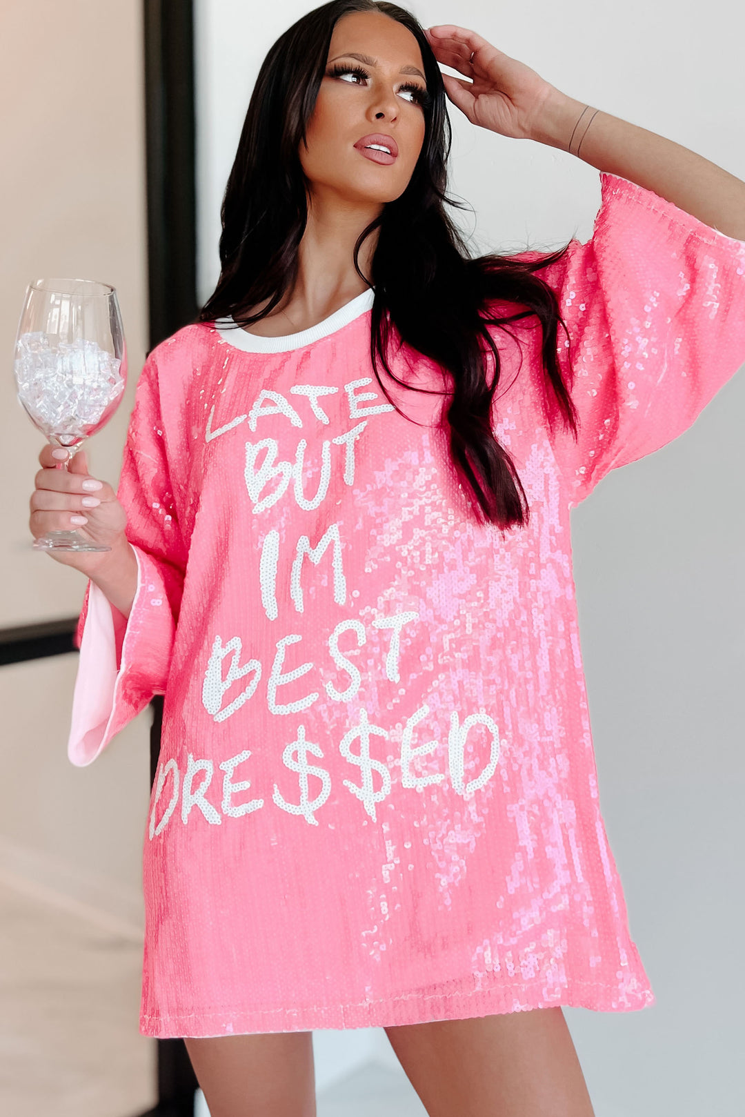 "Late But I'm Best Dressed" Sequin T-Shirt Dress (Pink) - NanaMacs
