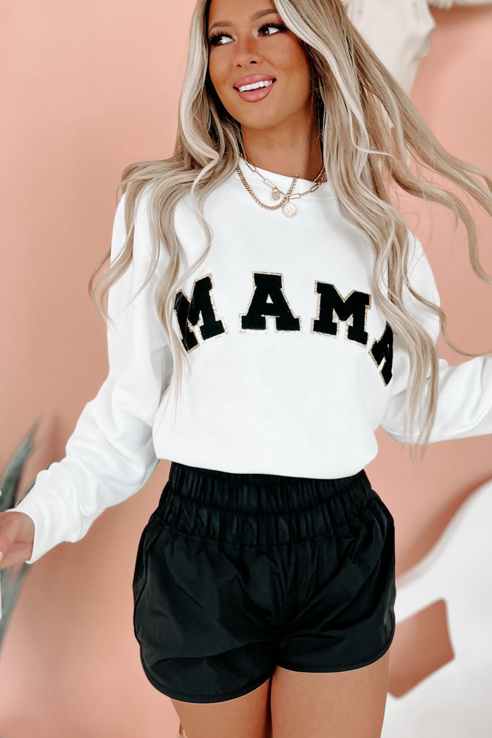 You Go Mama NanaMacs Original Varsity Patch Mama Crewneck Sweatshirt (White) - NanaMacs