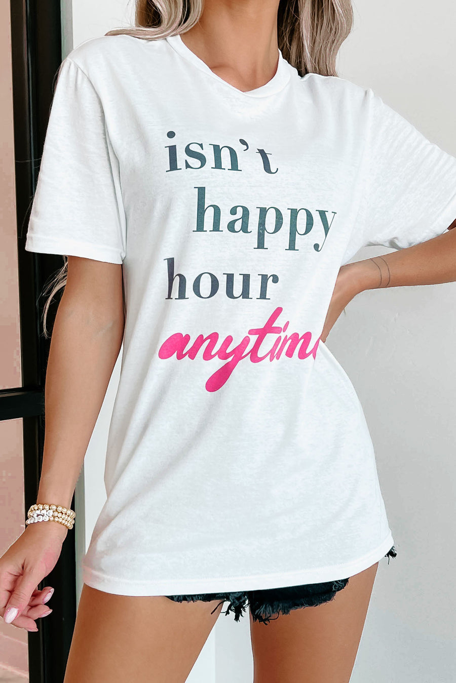 "Isn't Happy Hour Anytime" Graphic - Multiple Shirt Options (White) - Print On Demand - NanaMacs