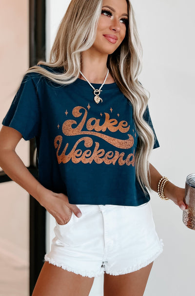 Lake Weekend Graphic Cropped Tee (Navy) - NanaMacs