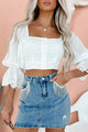 Distracted Thoughts Button-Front Lace Detailed Crop Top (White) - NanaMacs