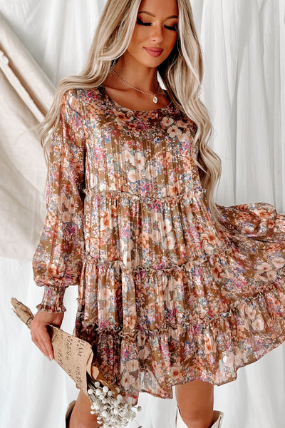 Loving Game Floral Tiered Ruffle Dress (Dark Mustard) - NanaMacs