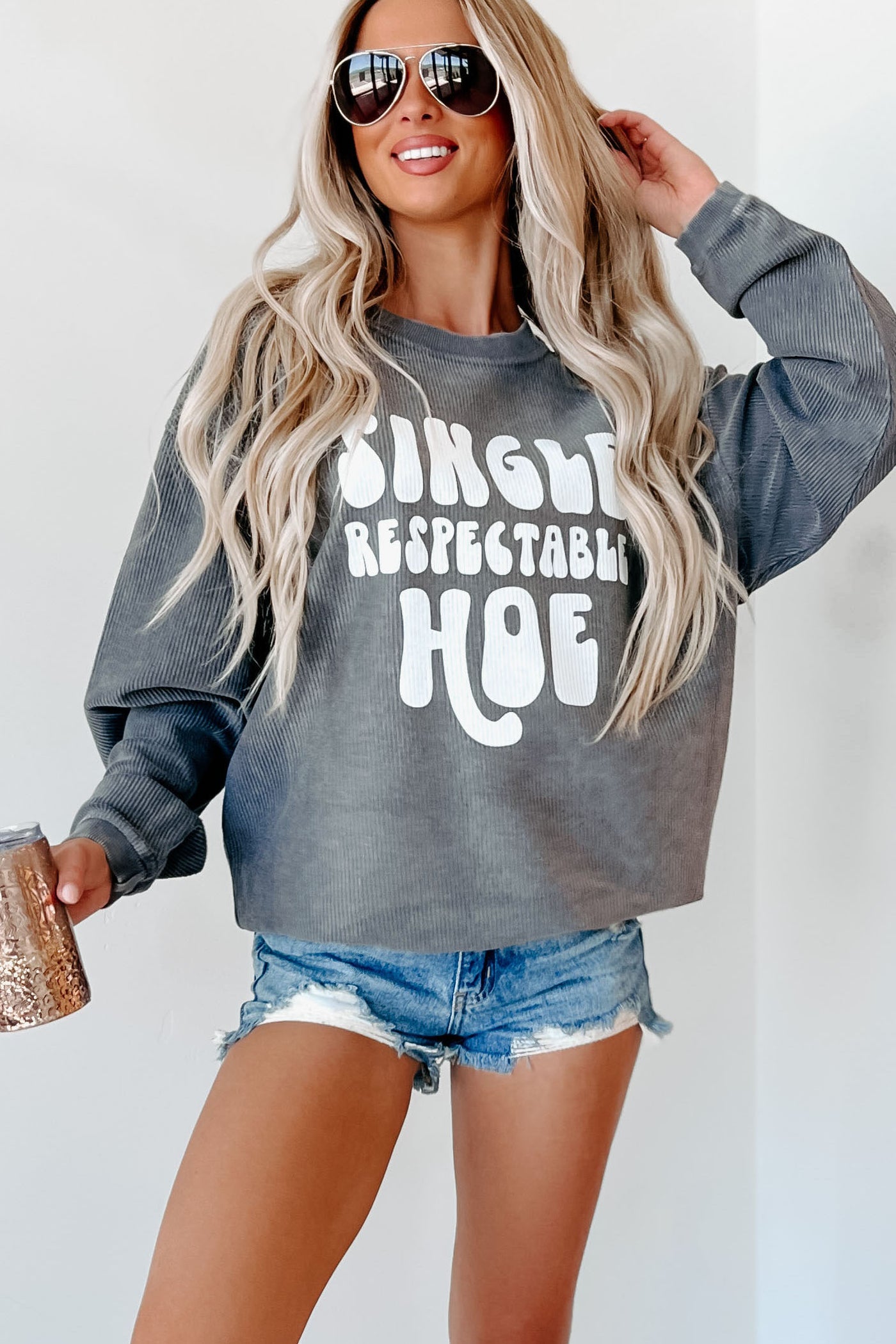 "Single Respectable Hoe" Corded Graphic Crewneck (Charcoal) - Print On Demand - NanaMacs