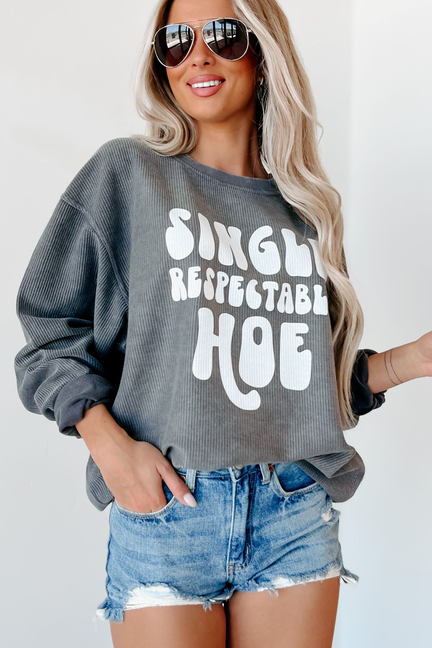 "Single Respectable Hoe" Corded Graphic Crewneck (Charcoal) - Print On Demand - NanaMacs