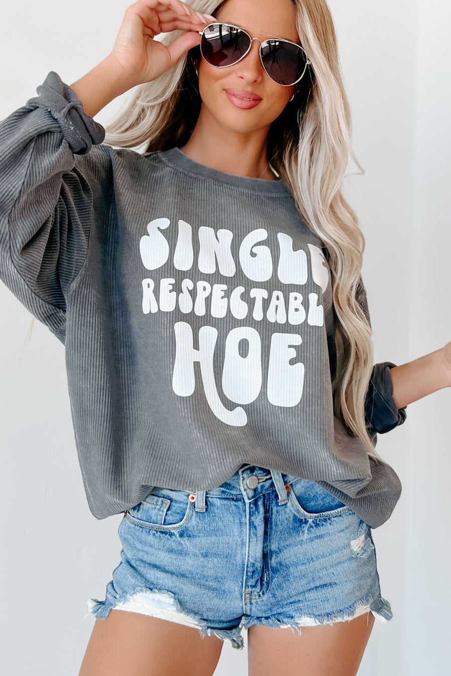 "Single Respectable Hoe" Corded Graphic Crewneck (Charcoal) - Print On Demand - NanaMacs