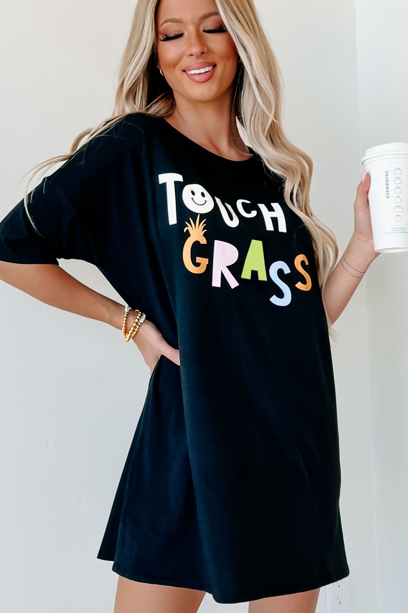 "Touch Grass" Oversized Graphic T-Shirt Dress (Black) - Print On Demand - NanaMacs