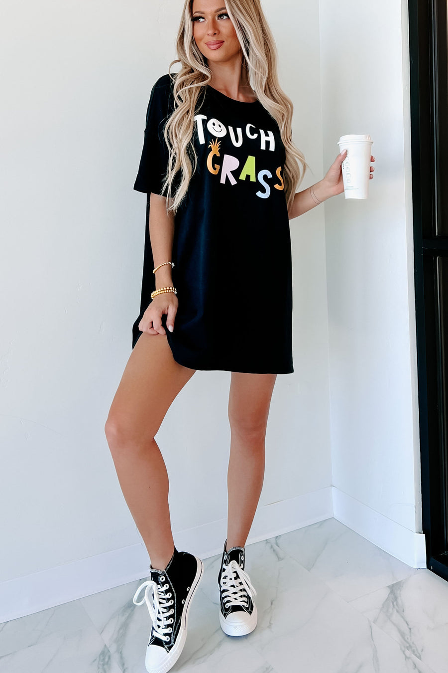 "Touch Grass" Oversized Graphic T-Shirt Dress (Black) - Print On Demand - NanaMacs