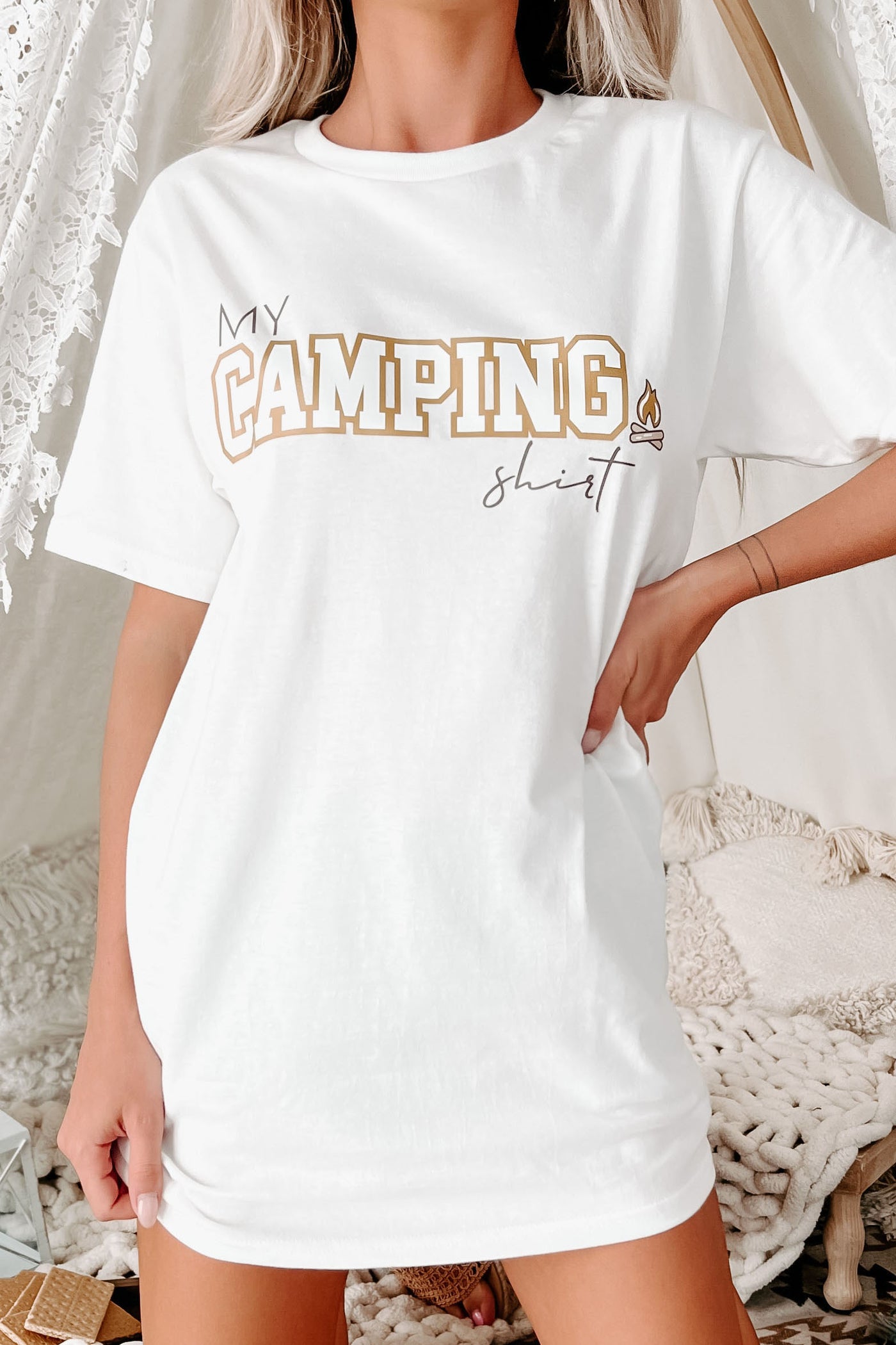 "My Camping Shirt" Metallic Graphic - Multiple Shirt Options (White) - Print On Demand - NanaMacs