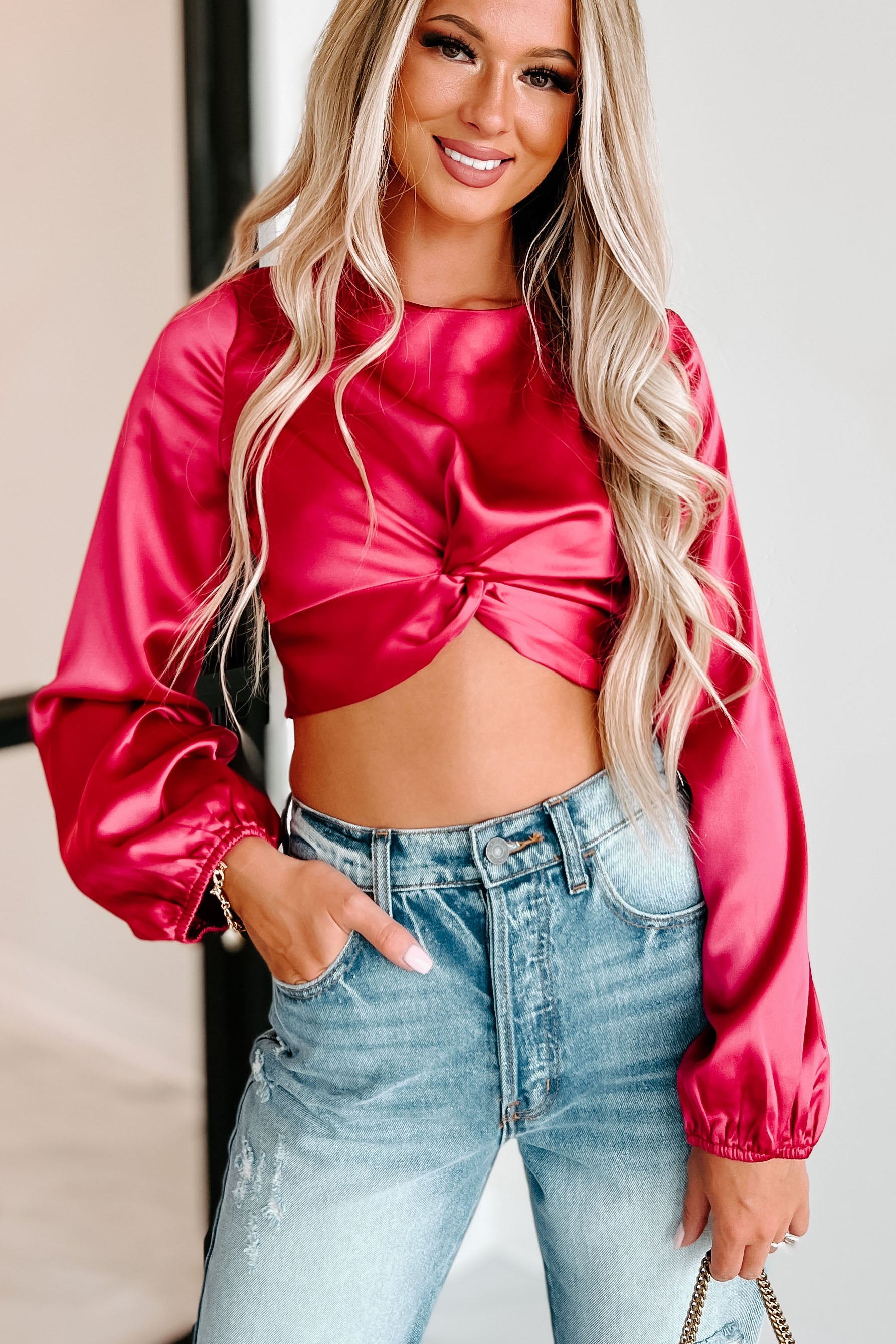Over From The Start Twist-Knot Satin Crop Top (Magenta) - NanaMacs
