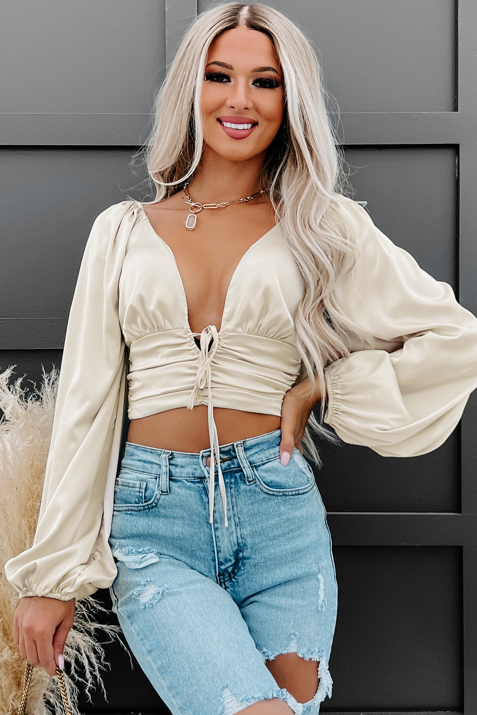 What A Hottie Long Sleeve Tie Front Satin Crop Top Beige