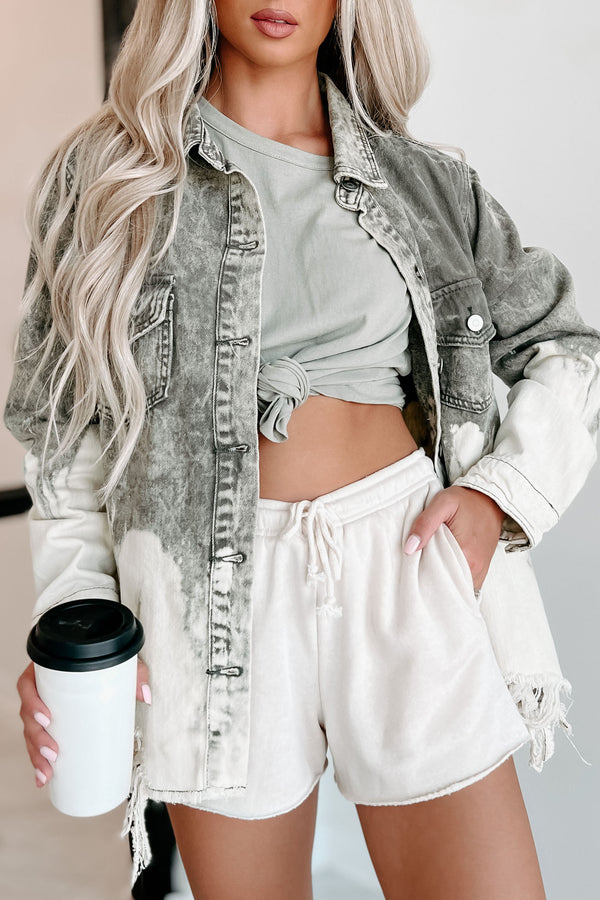 My World Now Tie-Dye Distressed Denim Shacket (Olive) - NanaMacs