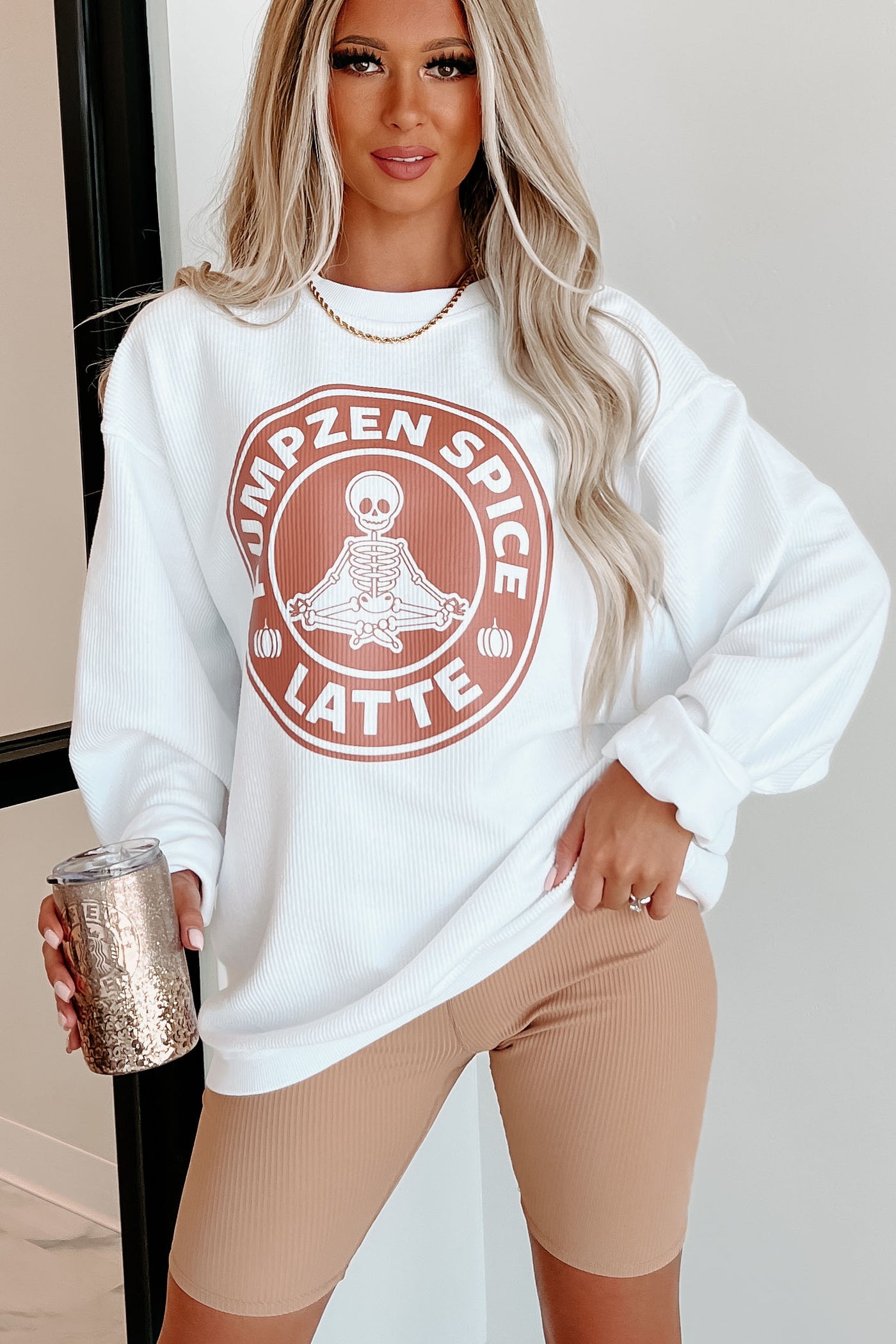 "Pumpzen Spice Latte" Corded Graphic Crewneck (White) - Print On Demand - NanaMacs