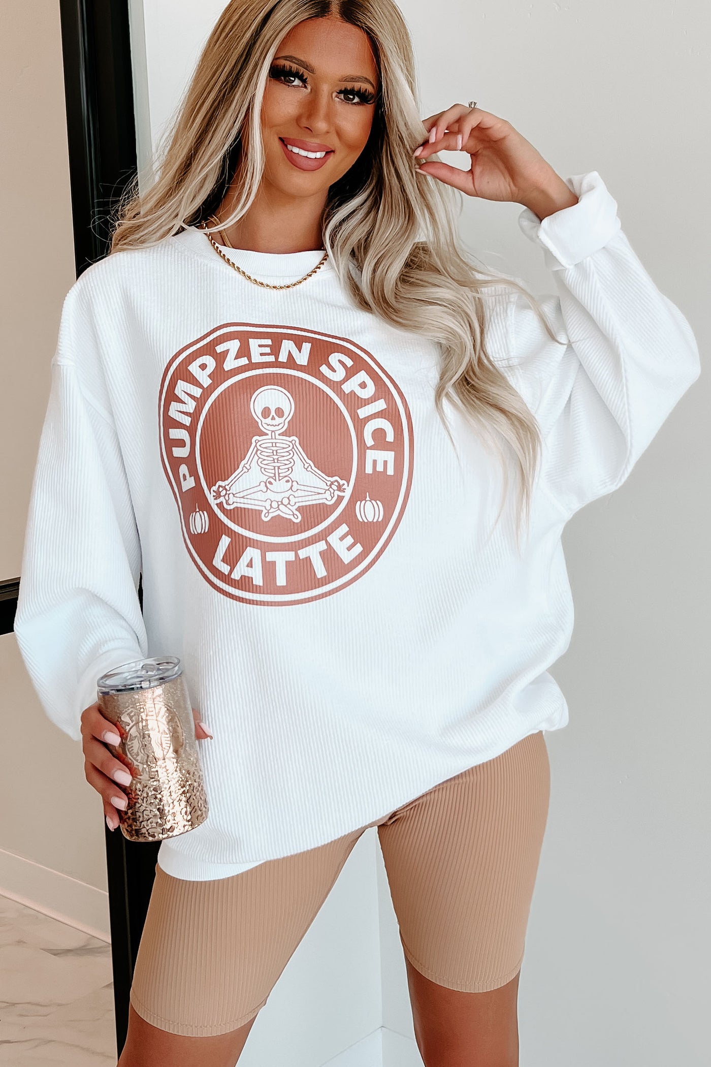 "Pumpzen Spice Latte" Corded Graphic Crewneck (White) - Print On Demand - NanaMacs