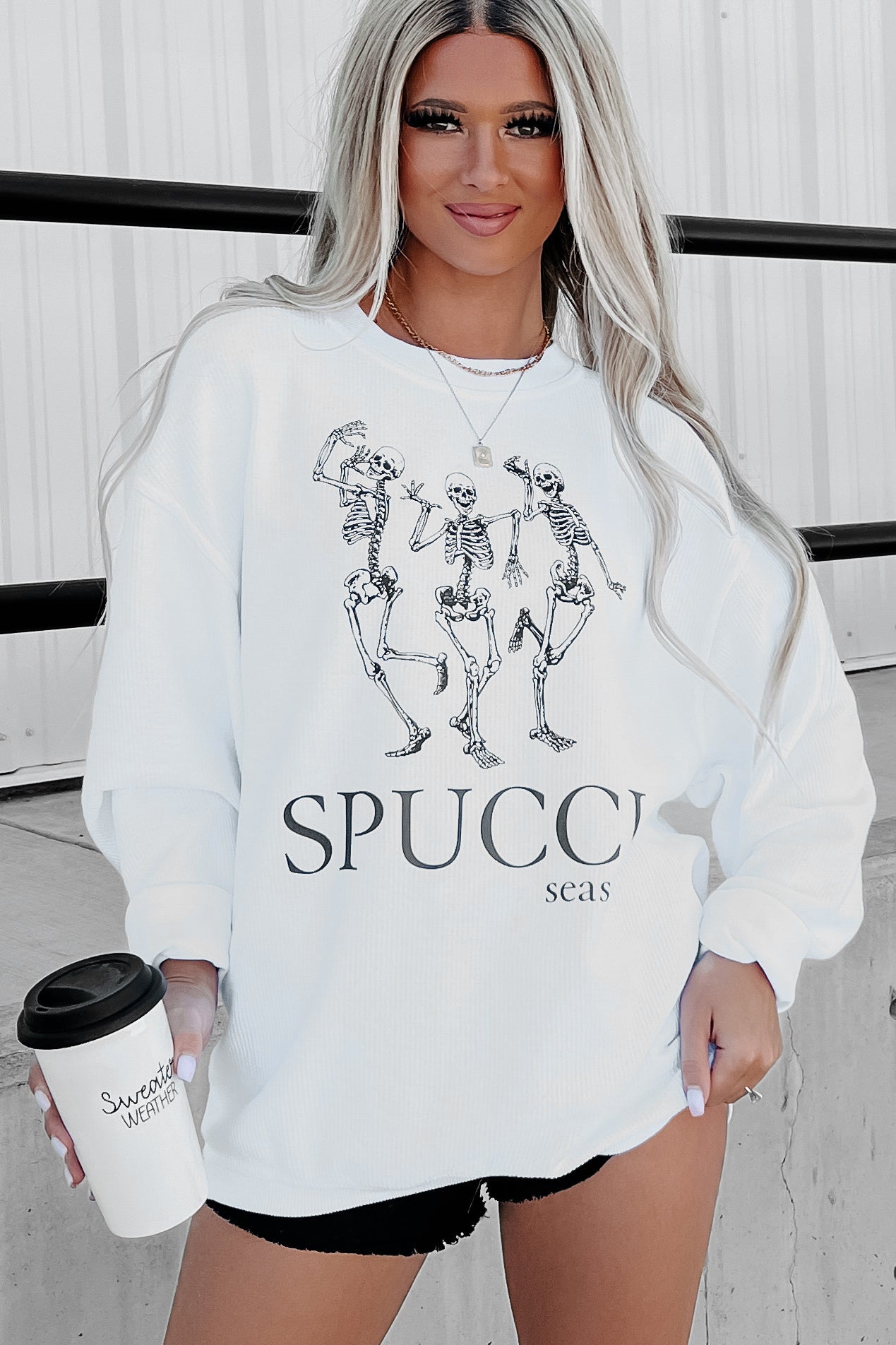 "Spucci Season" Corded Graphic Crewneck (White) - Print On Demand - NanaMacs