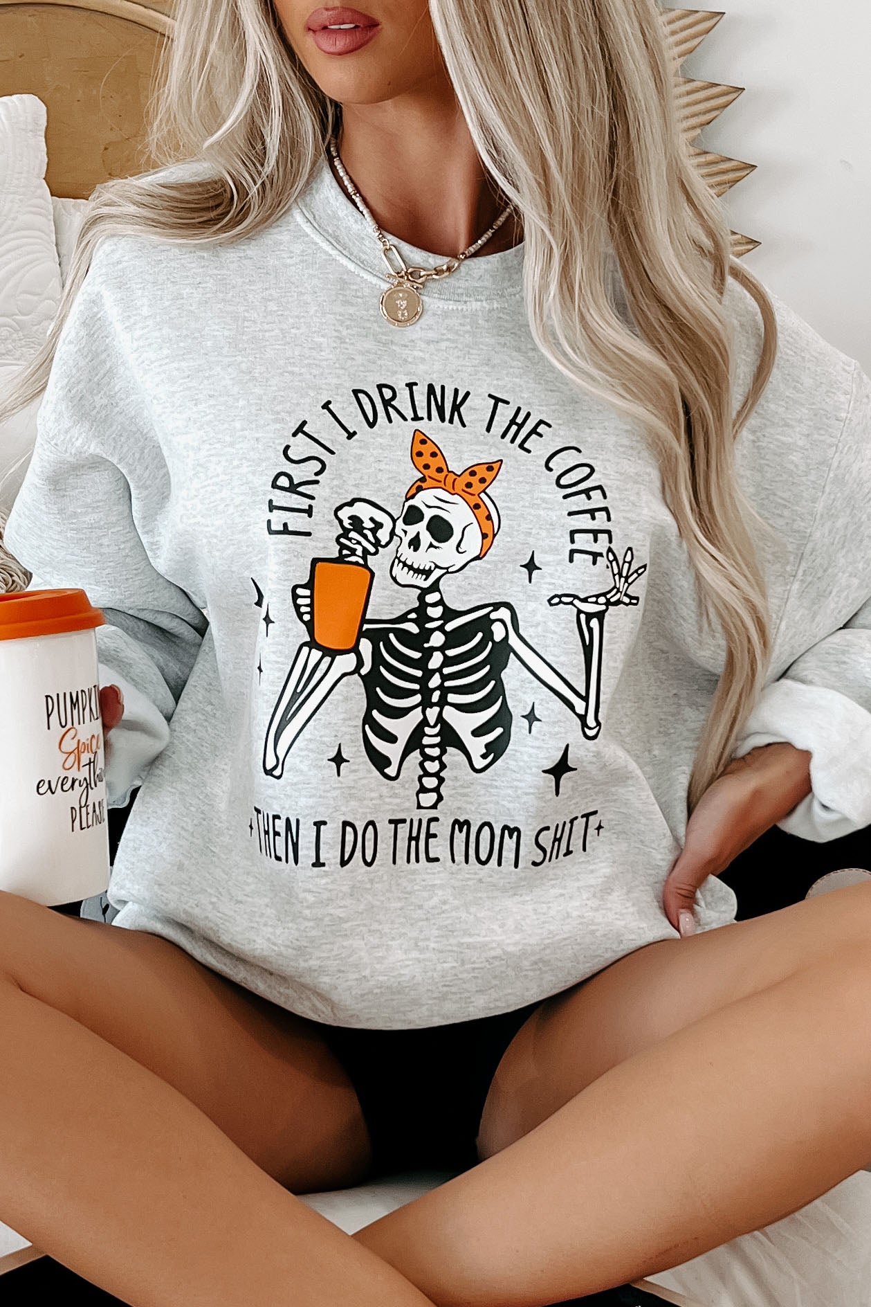 "First I Drink Coffee" Graphic Crewneck (Ash) - Print On Demand - NanaMacs