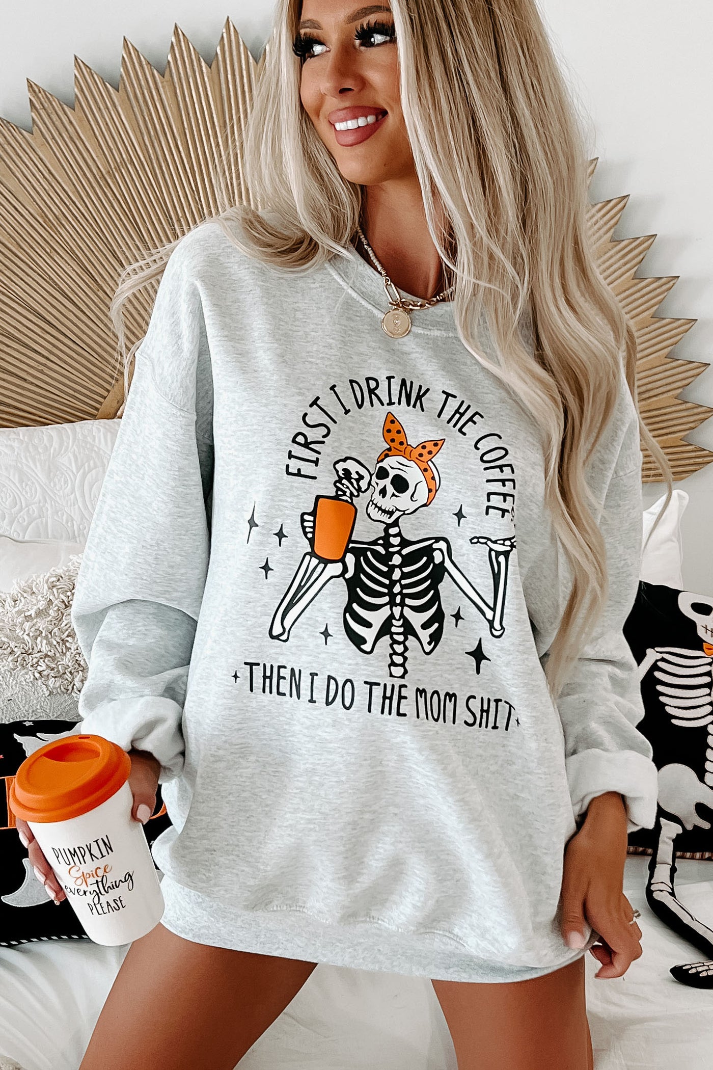 "First I Drink Coffee" Graphic Crewneck (Ash) - Print On Demand - NanaMacs