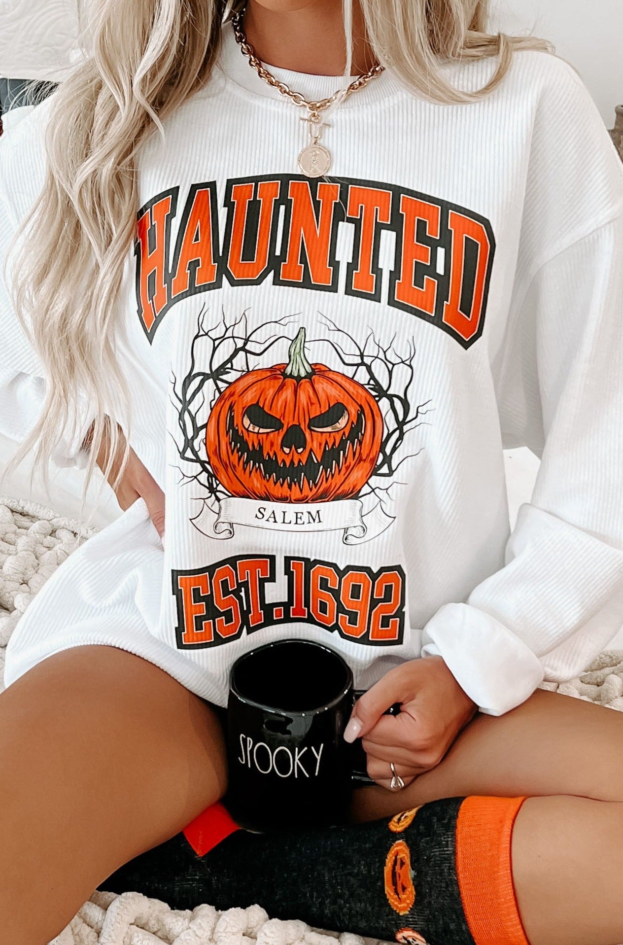 "Haunted" Corded Graphic Crewneck (White) - Print On Demand - NanaMacs