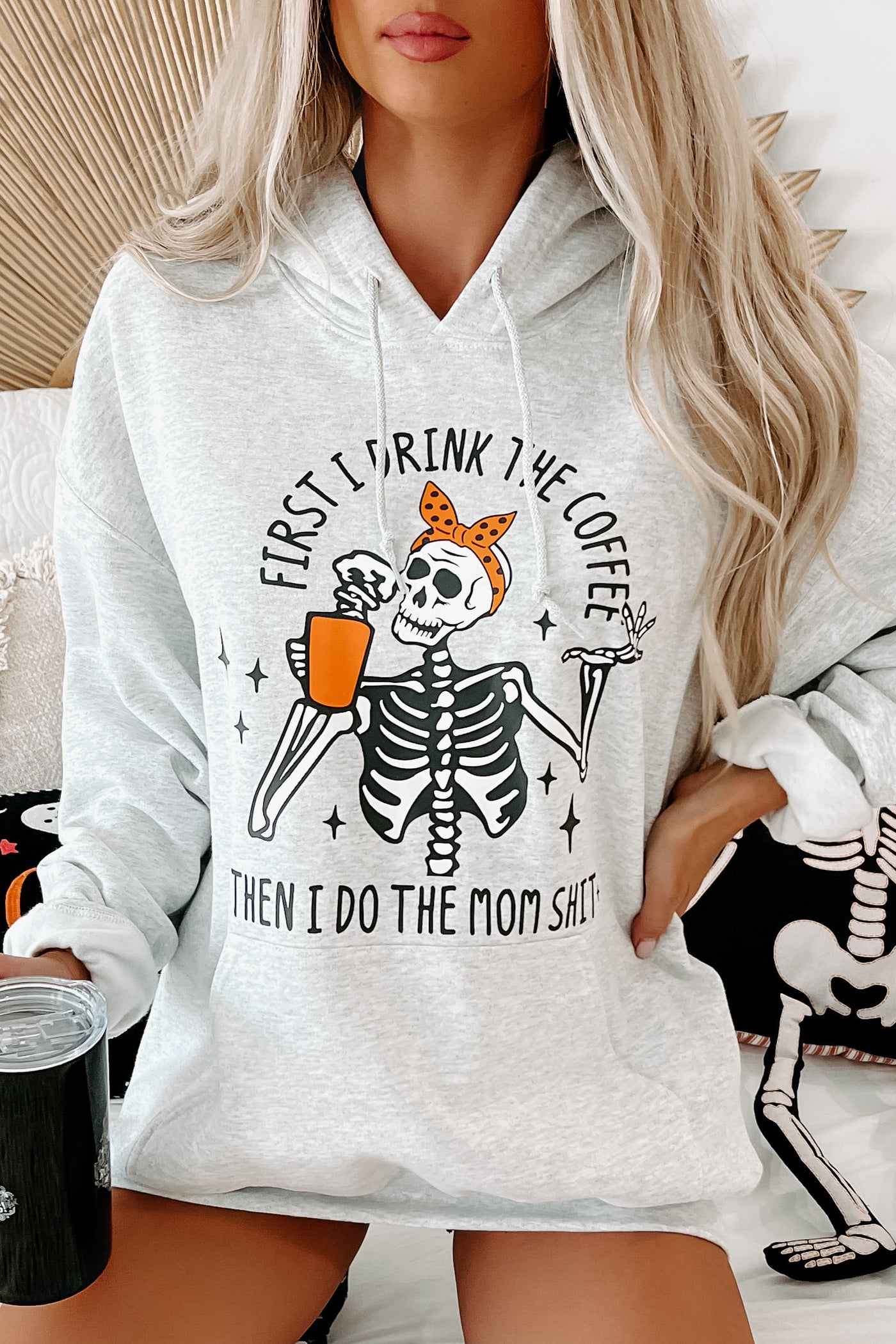 "First I Drink Coffee" Graphic Hoodie (Ash) - Print On Demand - NanaMacs