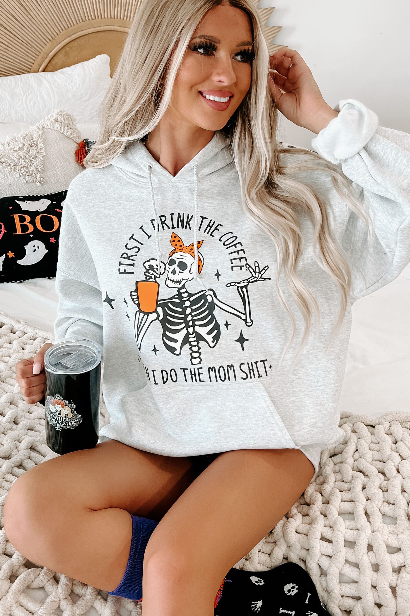 "First I Drink Coffee" Graphic Hoodie (Ash) - Print On Demand - NanaMacs