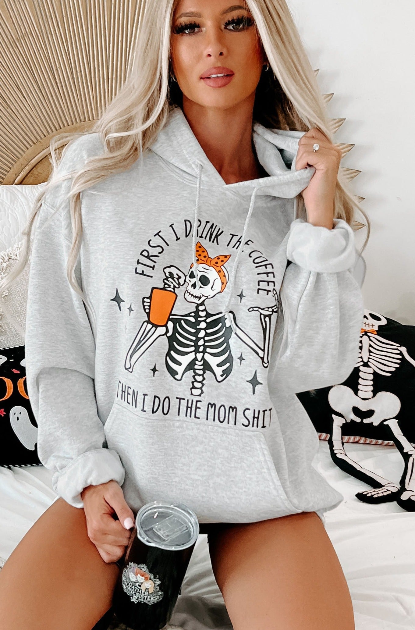 "First I Drink Coffee" Graphic Hoodie (Ash) - Print On Demand - NanaMacs