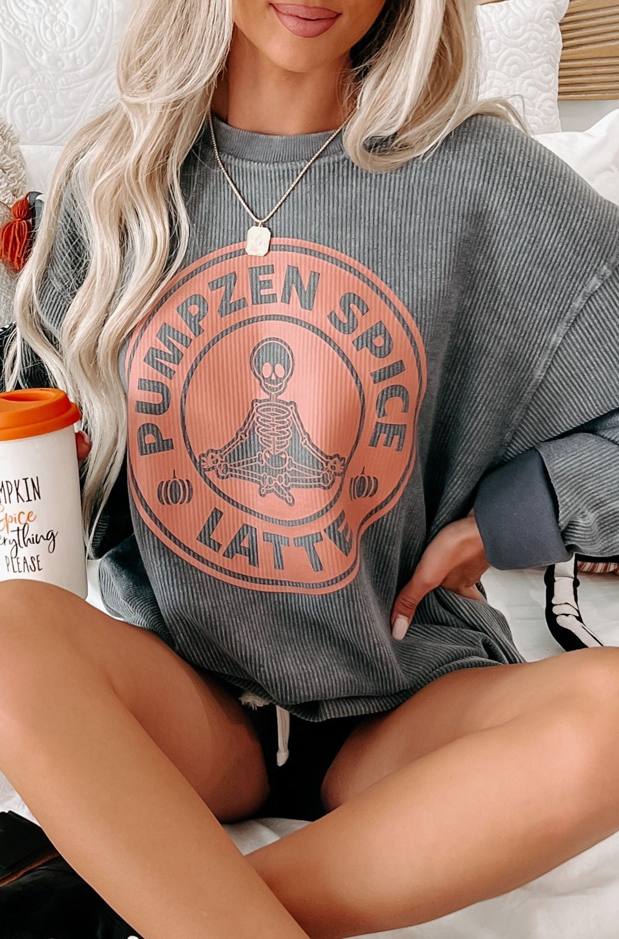 "Pumpzen Spice Latte" Corded Graphic Crewneck (Charcoal) - Print On Demand - NanaMacs