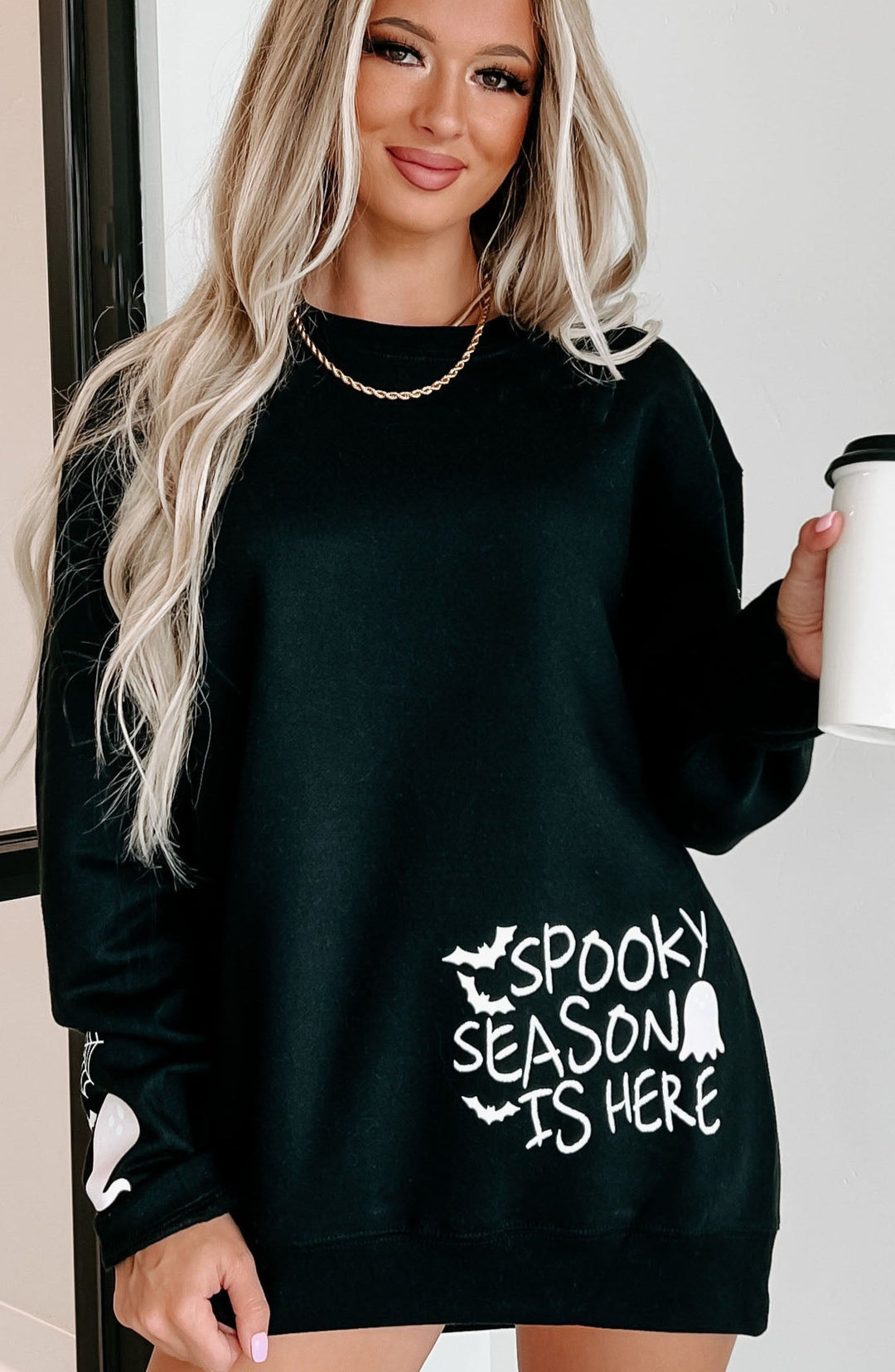"Spooky Season Is Here" Double-Sided Graphic Crewneck (Black) - Print On Demand - NanaMacs