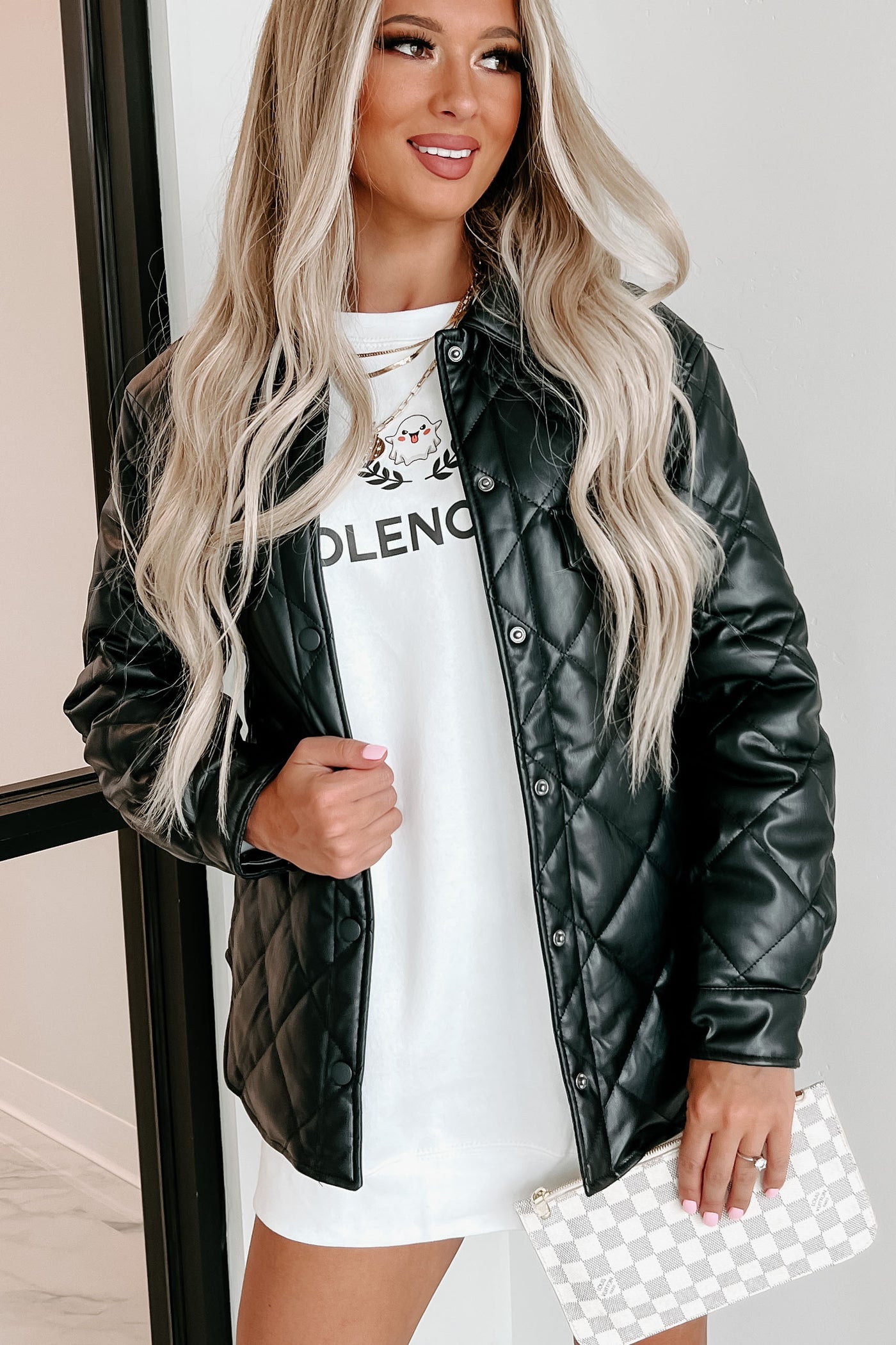 Charisma Faux Leather Quilted Shacket (Black) - NanaMacs