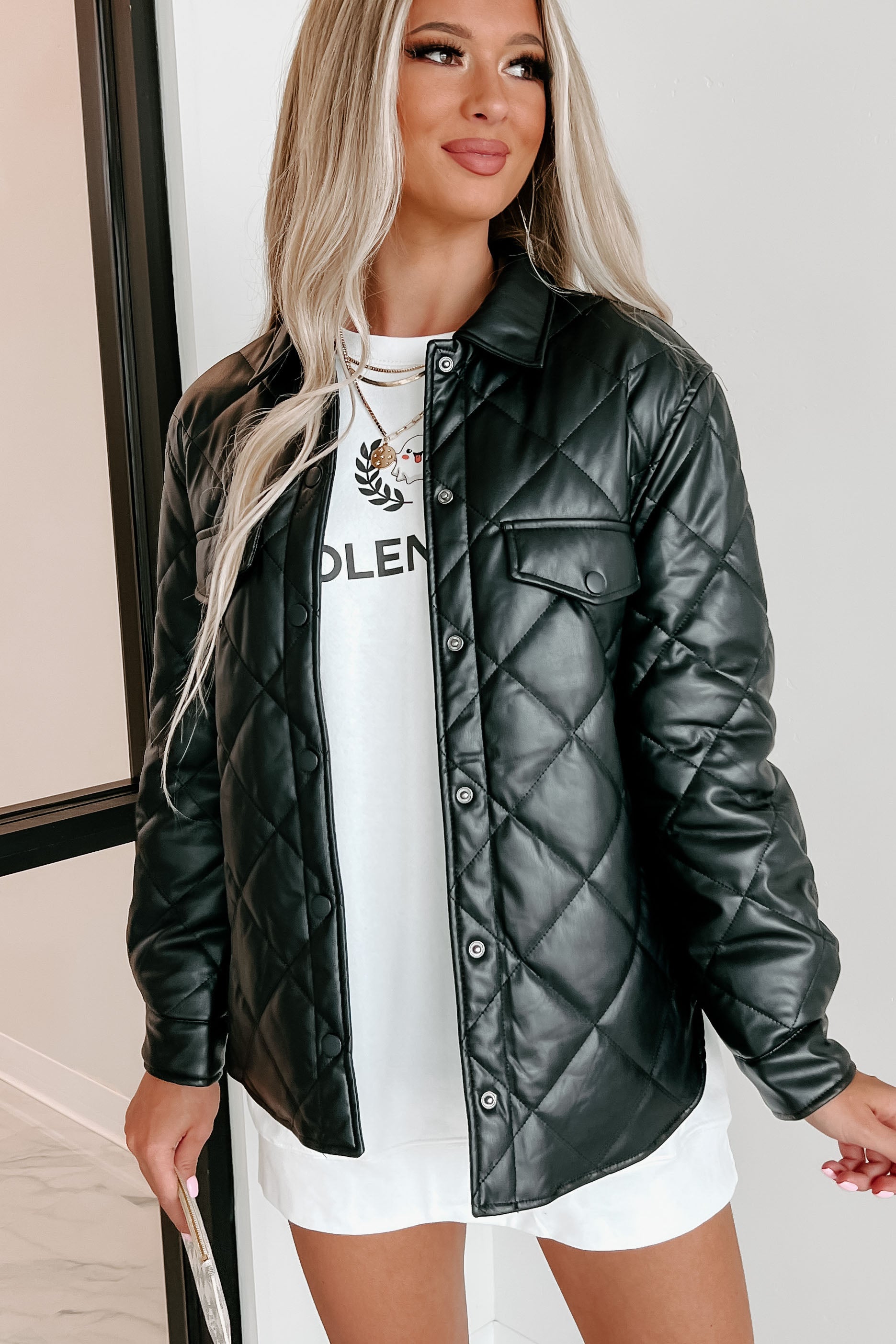 Charisma Faux Leather Quilted Shacket (Black) - NanaMacs