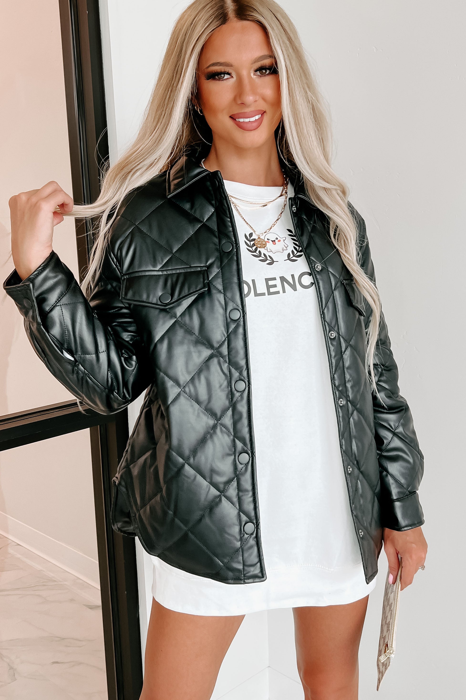 Charisma Faux Leather Quilted Shacket (Black) - NanaMacs