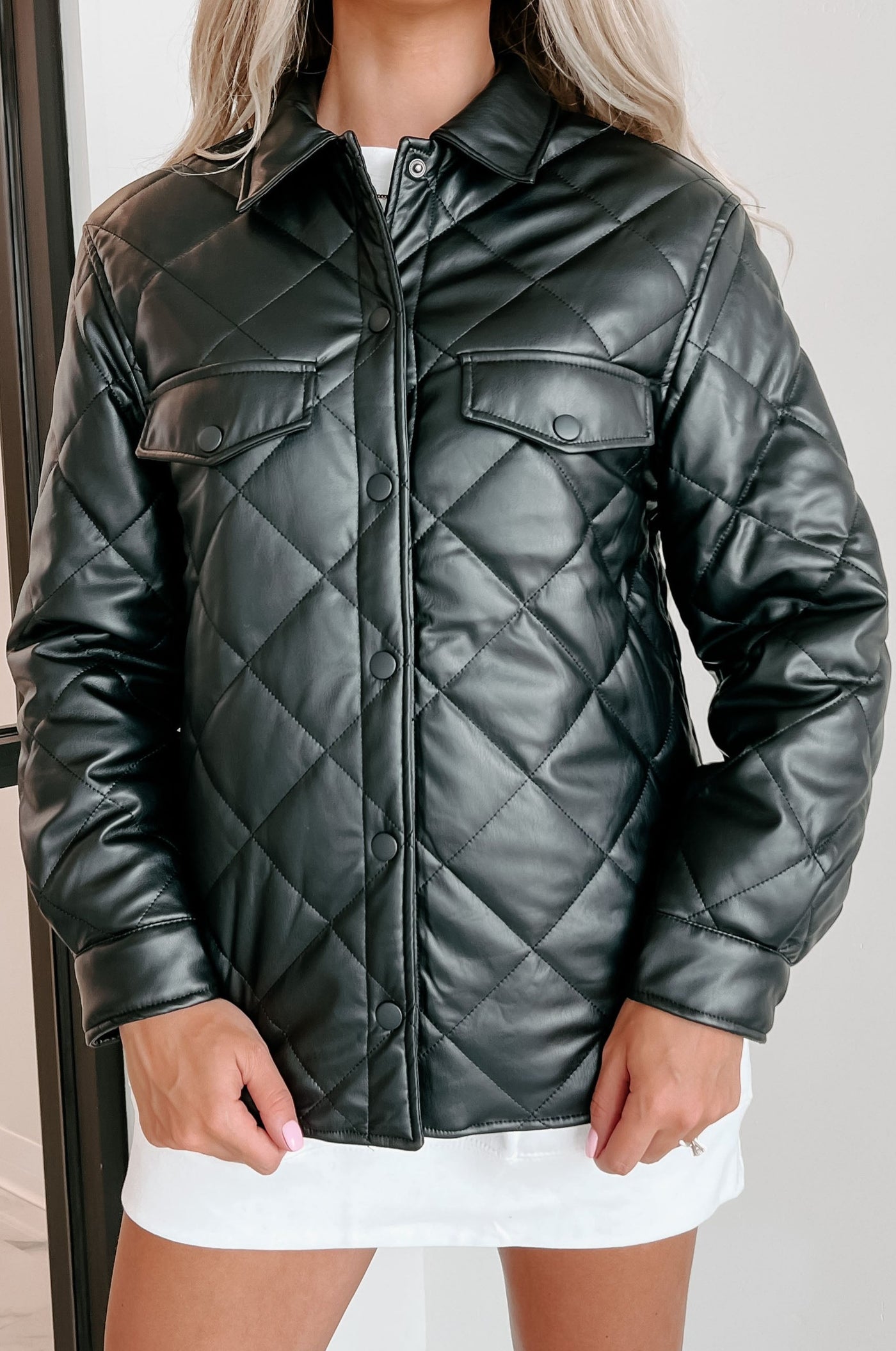 Charisma Faux Leather Quilted Shacket (Black) - NanaMacs