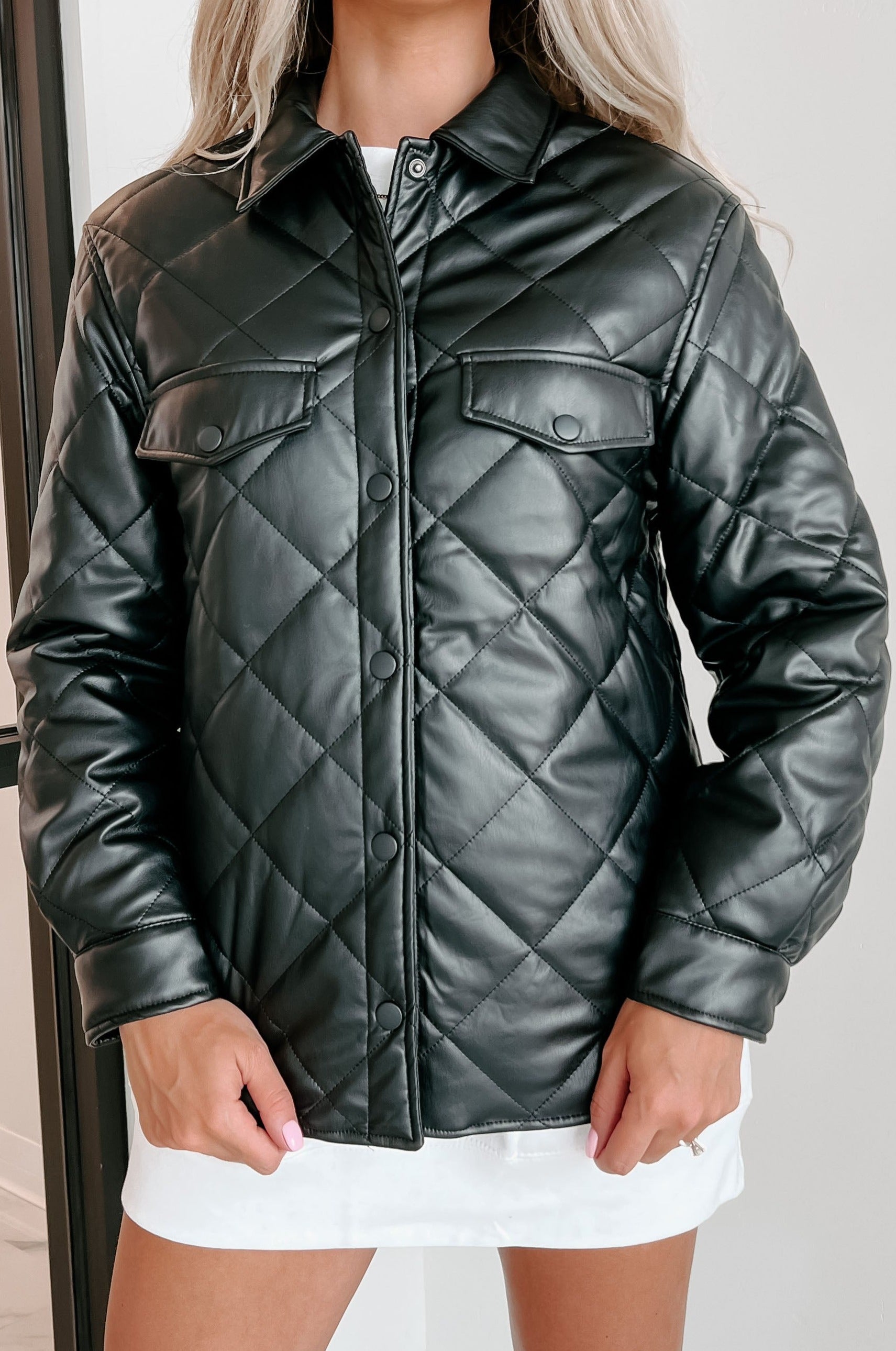 Charisma Faux Leather Quilted Shacket (Black) - NanaMacs