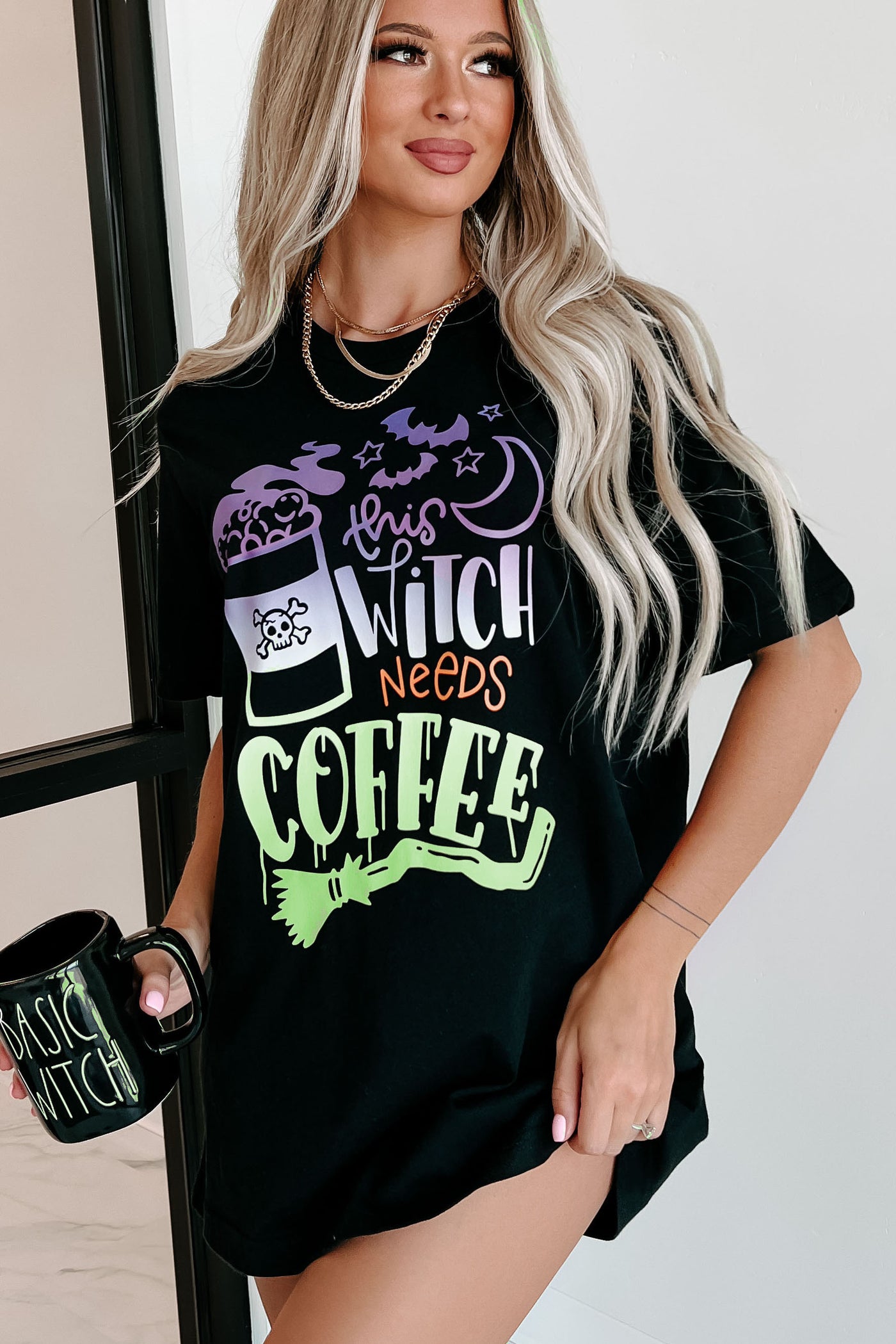 "This Witch Needs Coffee" Graphic Multiple Shirt Options (Black) - Print On Demand - NanaMacs