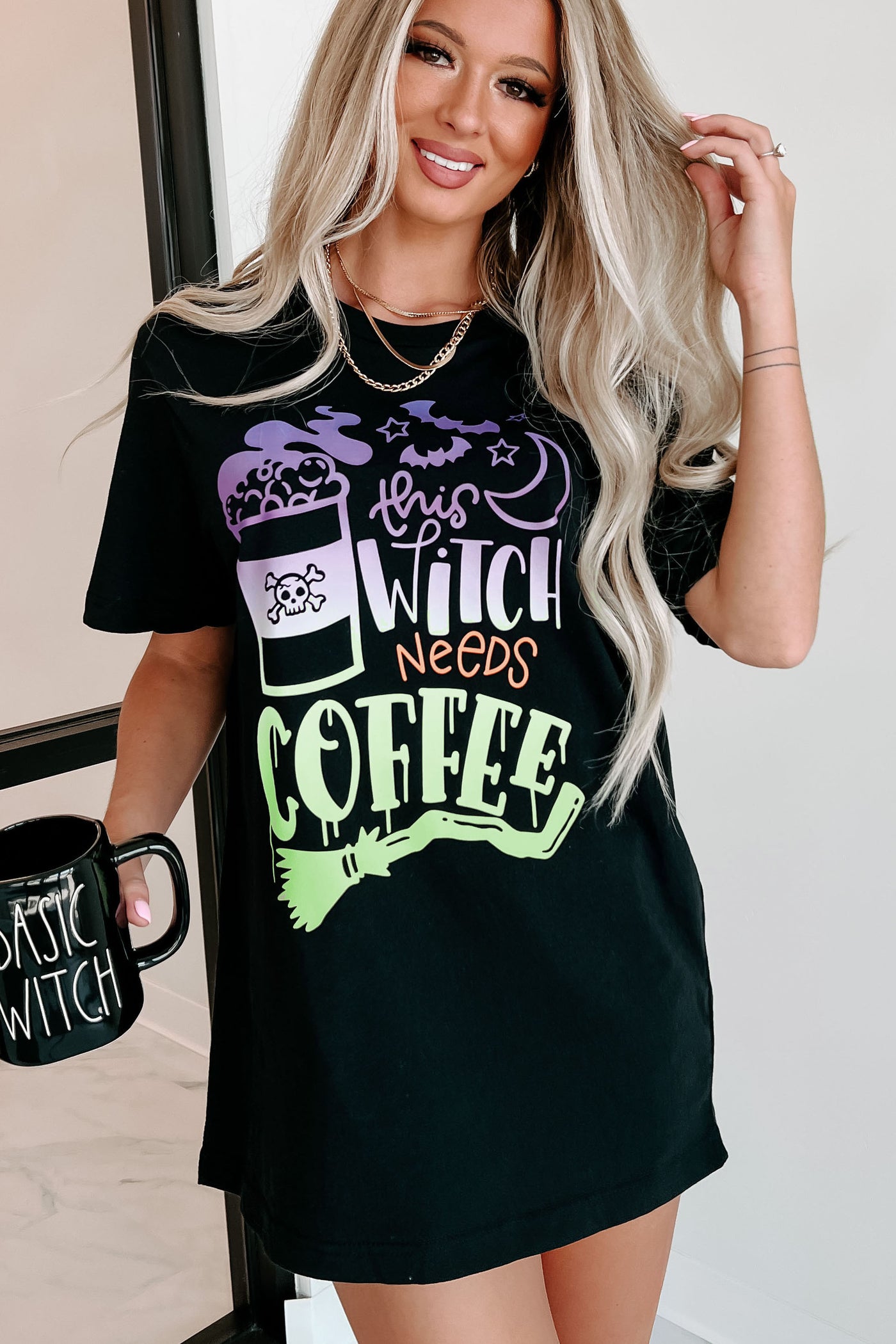 "This Witch Needs Coffee" Graphic Multiple Shirt Options (Black) - Print On Demand - NanaMacs